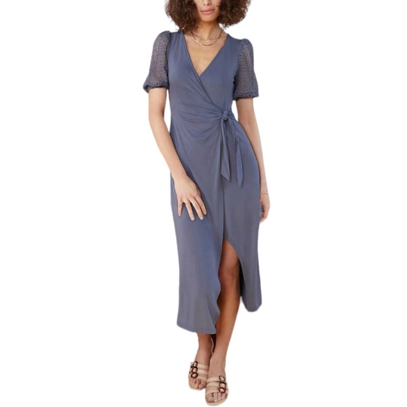 Heartloom Shirley Dress Jersey Knit Embroidered Puff Sleeve Blue size Small NWT - Picture 1 of 14